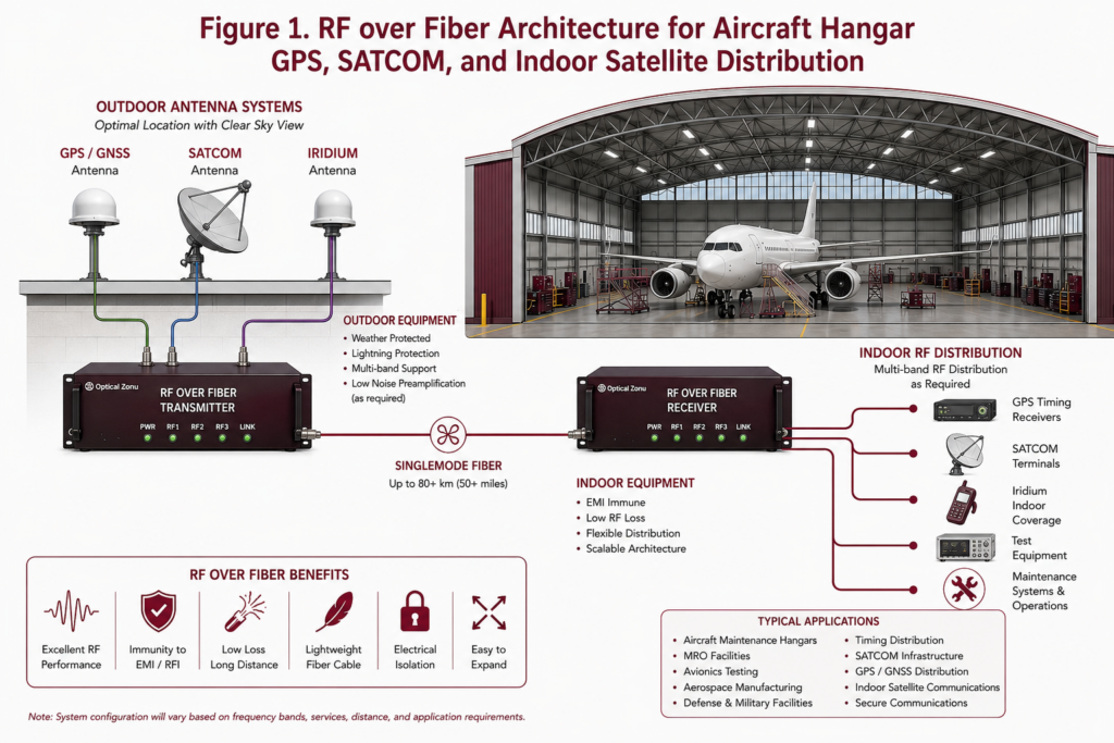 Aircraft hangar using RF over Fiber technology for GPS distribution and satellite communications.